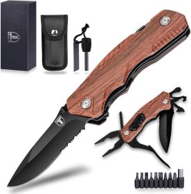 Pocket Knife 9 in1 Multi-tool Tactical Knife with Blade Saw Pliers Screwdriver Bottle Opener Full Stainless Steel Folding Knife (Color: Black + Wood Grain)